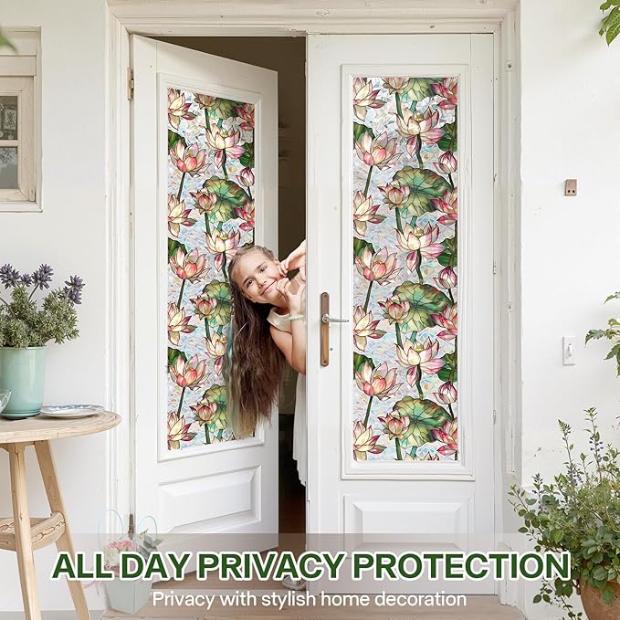 Stained Glass Window Film UV Resistant Window Privacy Film Lotus Floral Privacy Rainbow Decals Living Room Bedroom Sun Blocking Decor Removable Static Cling Stickers 17 x 78.74 Inch
