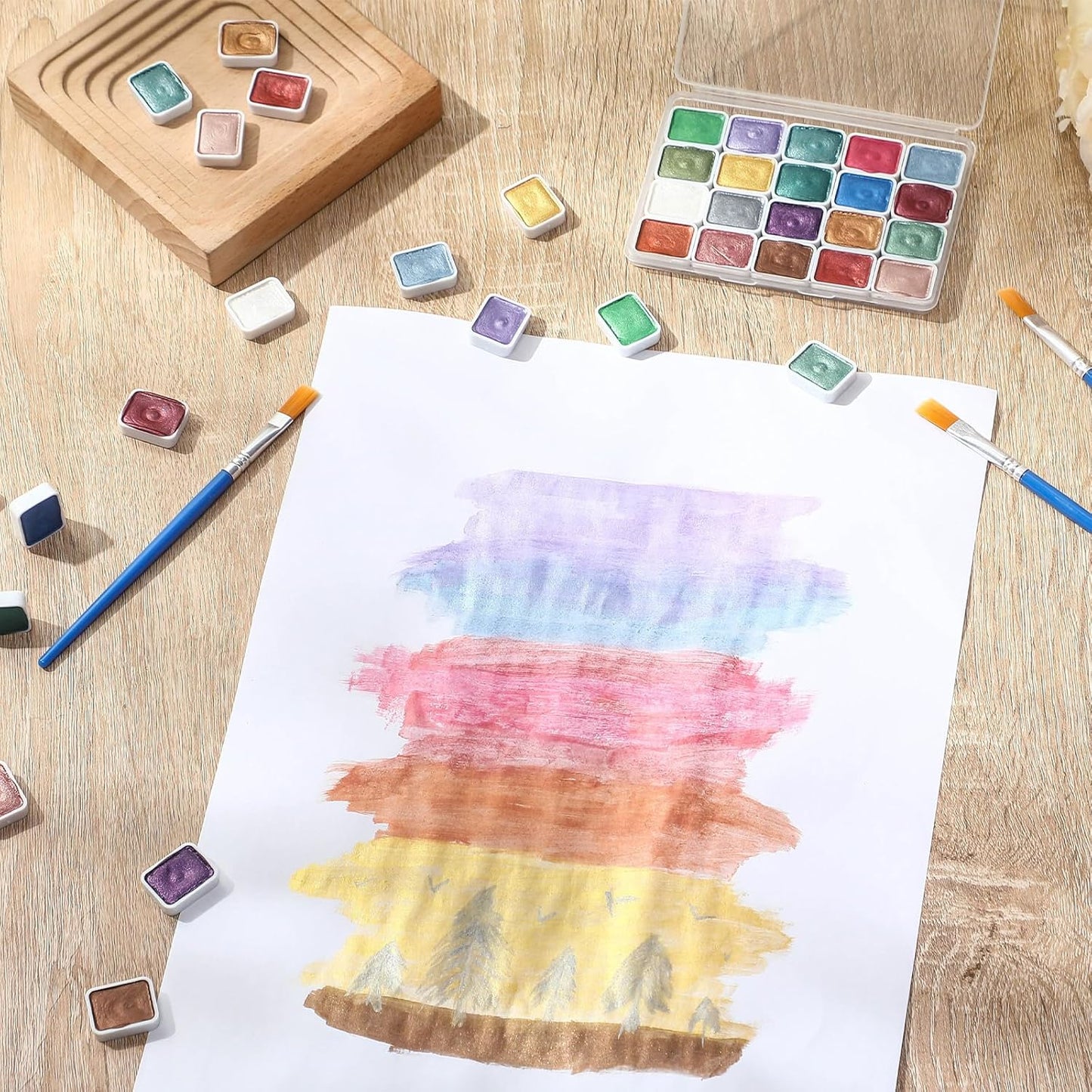 Nuanchu 12 Sets Metallic Watercolor Paint Set 20 Colors Glitter Solid Water Color Paint Bulk with Painting Brush for Art Studios Painting Nights School Students Beginners Holiday Gifts, Dunhuang Style