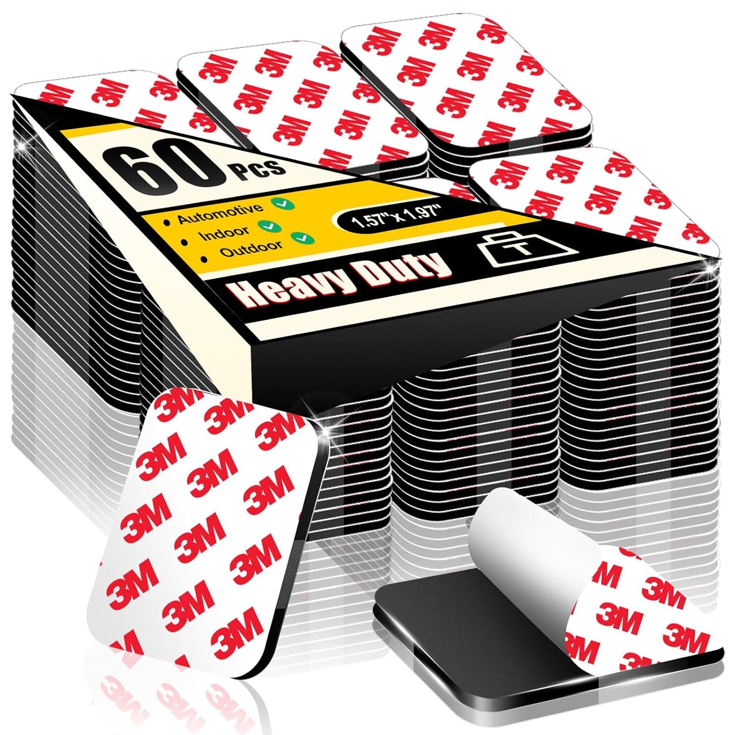 60 Pcs Strong Double Sided Adhesive Pads, Made of 3M, Heavy Duty Square Sticky Mounting Foam Tape for Car Décor Wall, 0.12" Thick Black Sticky Pads 1.57x 1.97