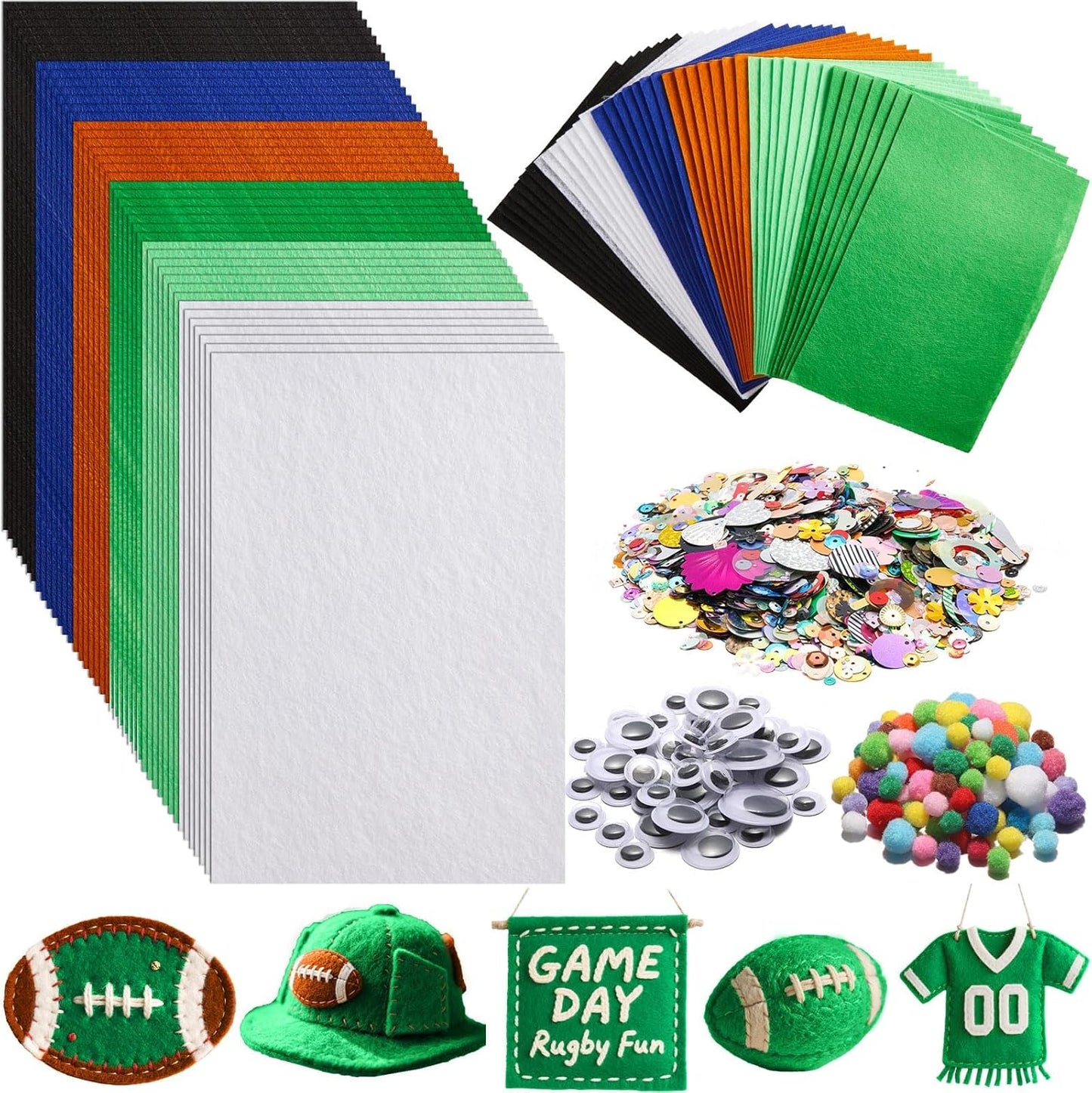 gisgfim 42Pcs Football Felt Fabric Sheets Craft Kit 8 x 12 Inch Green Brown Assorted Colors Thick Felt Pack with Wiggle Google Eyes Pompoms Glitter Patchwork Craft for DIY Sewing Art Project Decor