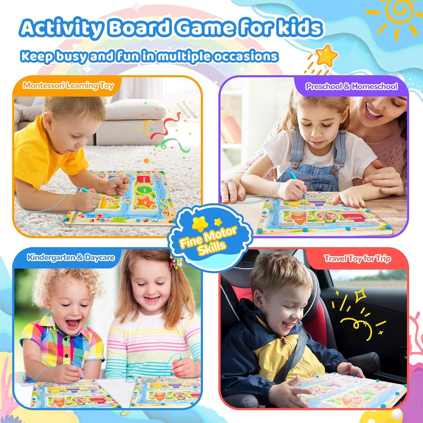 FCSONU Magnetic Color & Shape Maze, Toddler Montessori Toys for 3 4 5 Years Old Boy Girl Birthday Gifts, Wooden Magnetic Board for Kids Puzzles, Color Shape Sorting Magnet Toys, Preschool Activities