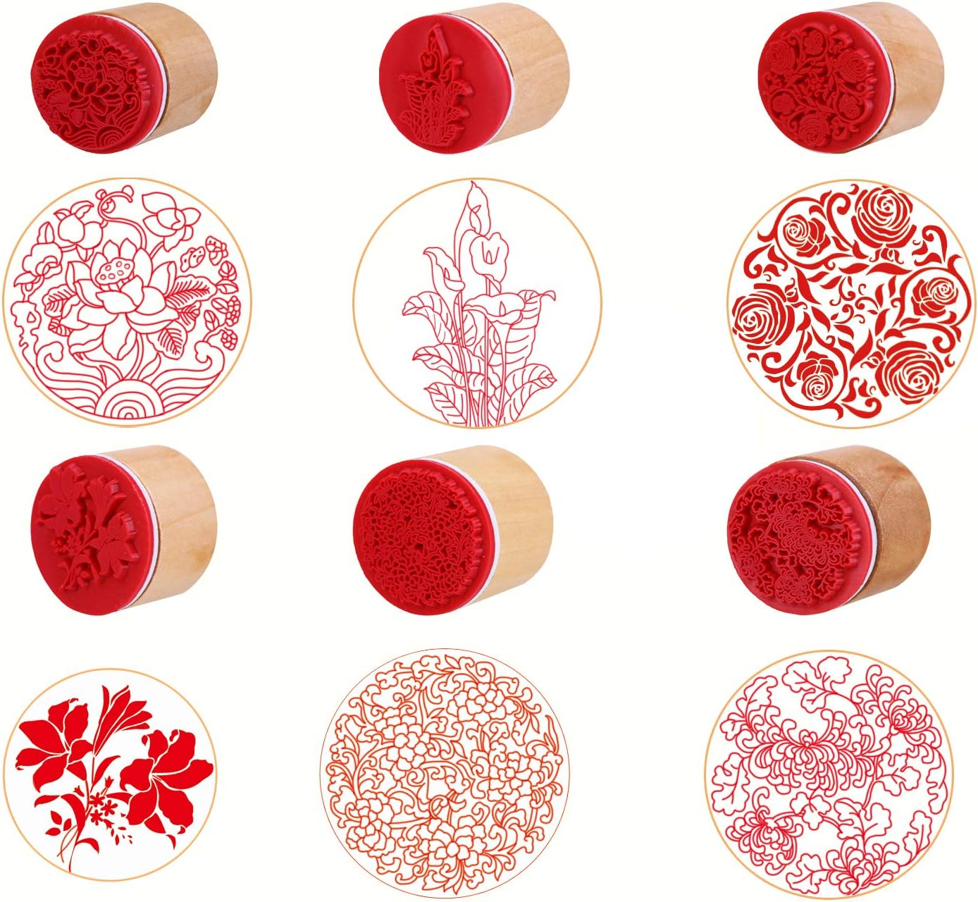 CCINEE 6pcs Round Rubber Stamps Floral Pattern Wooden Stamps for Christmas Scrapbooking Cards and Crafts Making