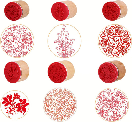CCINEE 6pcs Round Rubber Stamps Floral Pattern Wooden Stamps for Christmas Scrapbooking Cards and Crafts Making