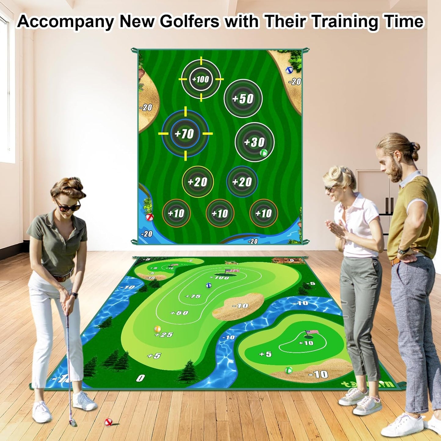 Golf Chipping Game Mat, Double Sided Golf Hitting Mat,6x5 FT Golf Practice Mat Outdoor Indoor Golf Games for Adults,Score Sticky Playing Golf Balls for Home Backyard Garage Game(No Club)
