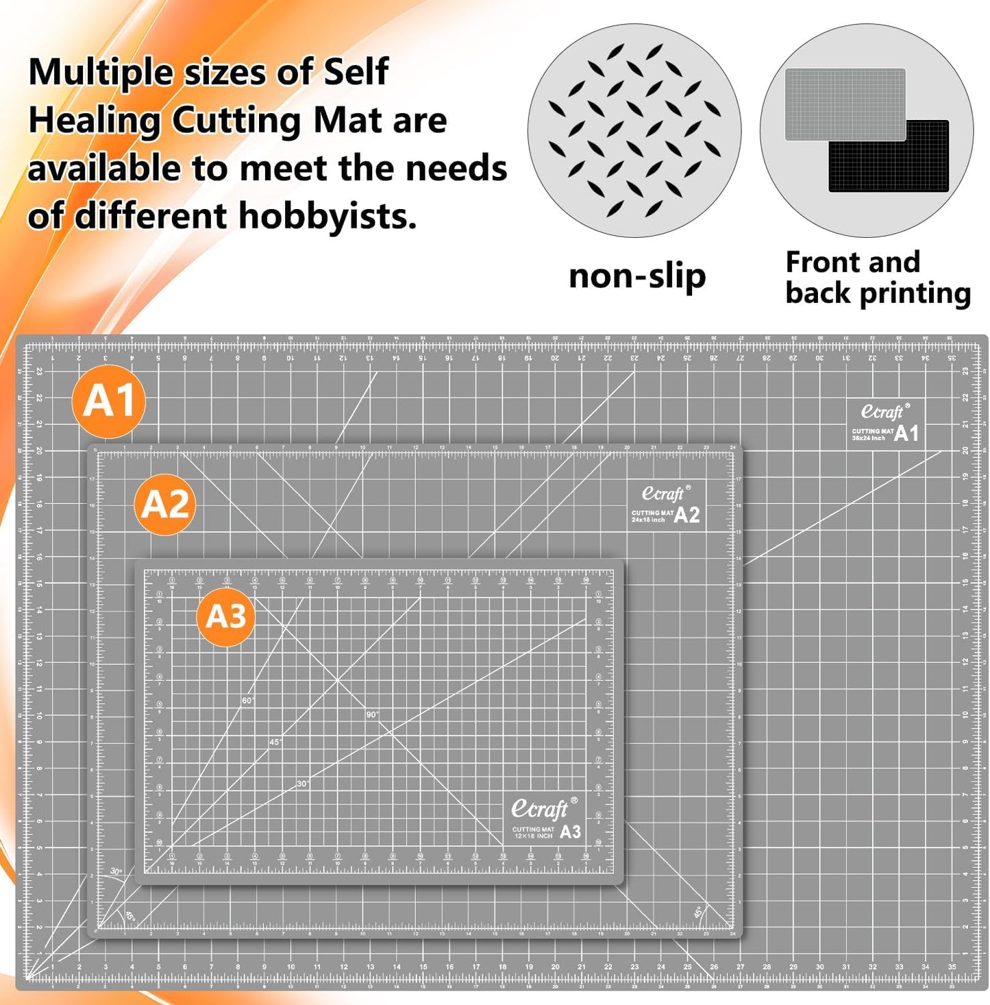 Ecraft Self Healing Cutting Mat:18" x 24" Double Sided 5-Ply Hobby Mat, A2 Rotary Cutting Sewing Mat for Crafts, Fabric,Sewing,Quilting,Scrapbooking,Projects,Grey/Black