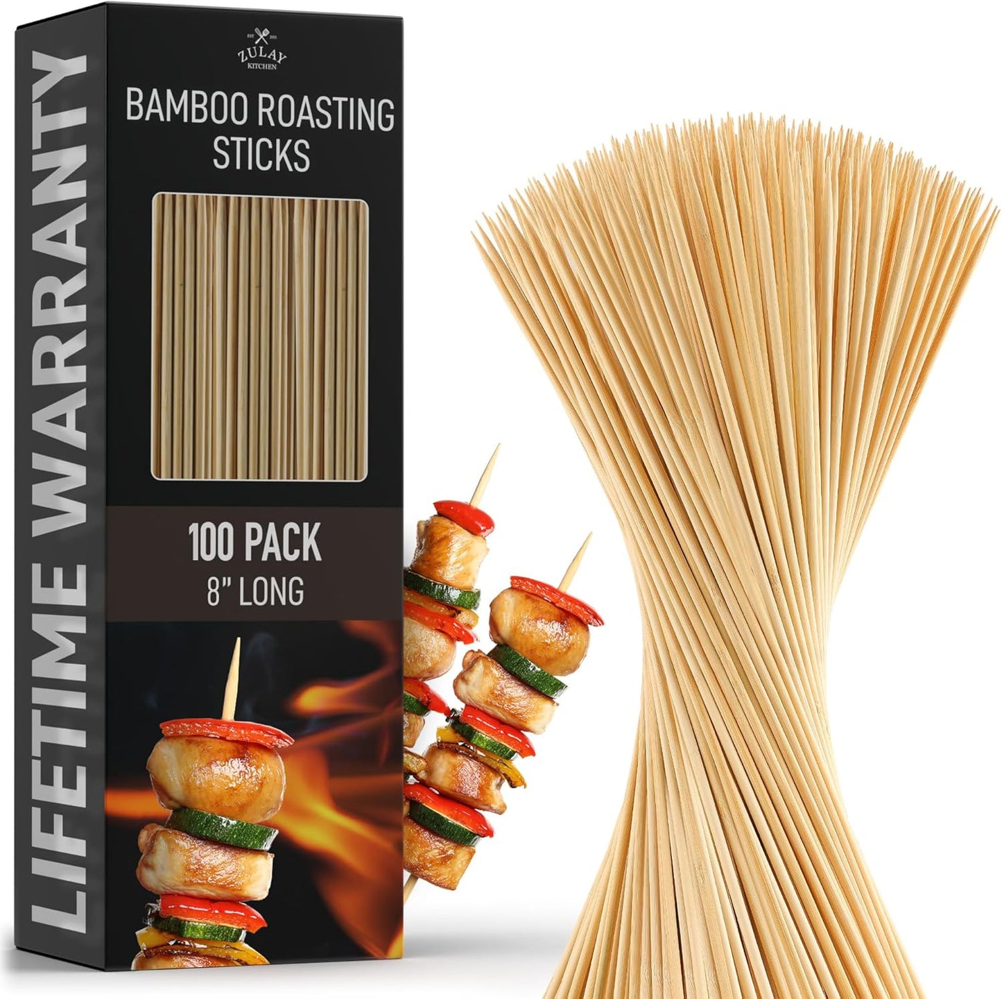 Zulay Kitchen Authentic Bamboo Skewers - 100, 8" Roasting Sticks - 5mm Heavy-Duty Bamboo Skewers - Thick Bbq Sticks - Ideal for Grilling & Camping