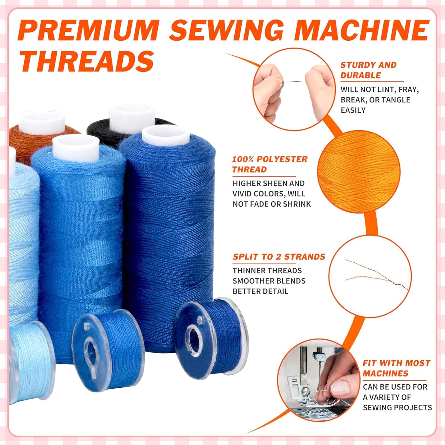 125 Pcs Sewing Thread Kit, 36 Assorted Colors Machine Threads with Spools, 400 Yards Prewound Bobbins Set with 50 Machine Needles (70/9, 75/11, 90/14, 100/16 110/18) for Universal Sewing Machines Use