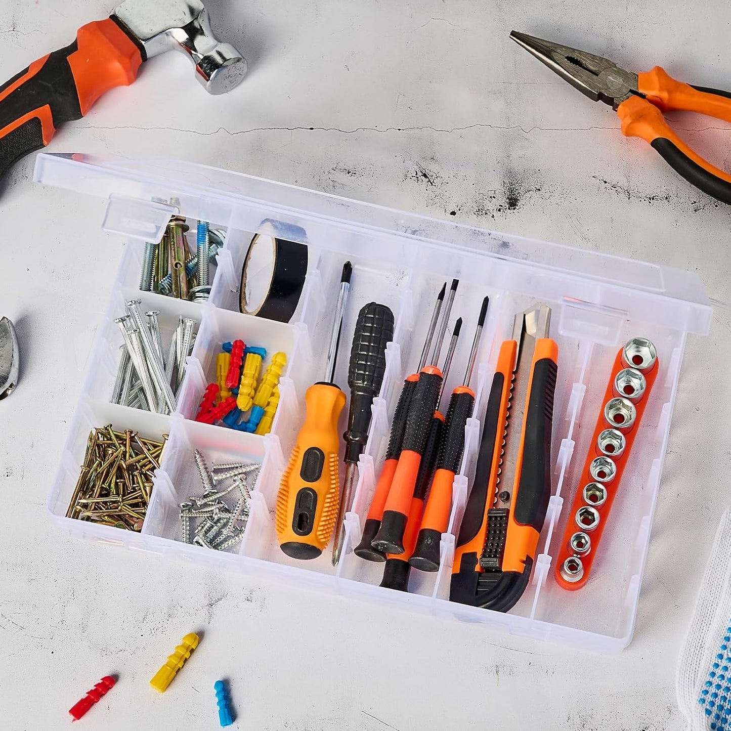 18 Grids Large Plastic Organizer Box with Adjustable Dividers, Clear Compartment Storage Container Tackle Box with Label Stickers for Beads, Crafts, Jewelries, Tools