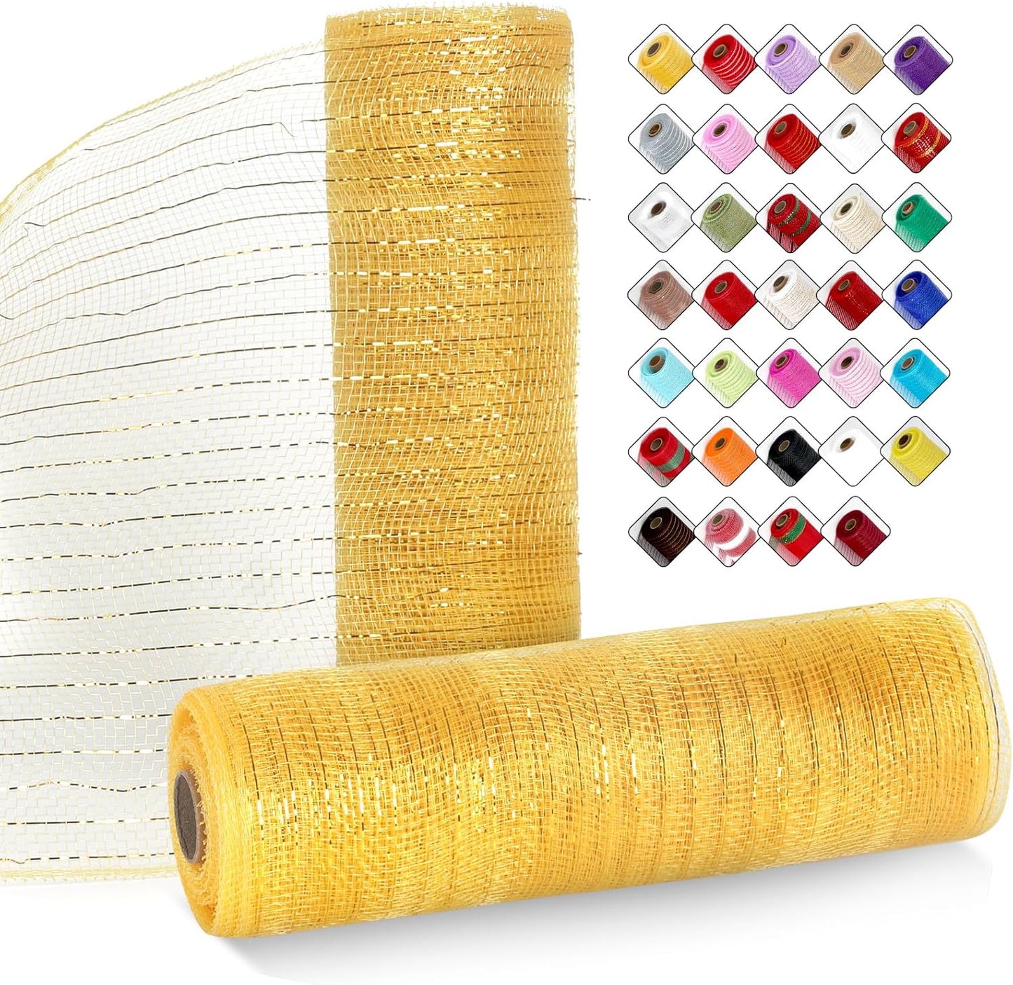 2 Rolls Mesh Ribbon for Wreaths 10 Inch x 30 Foot Wreath Mesh Rolls with Metallic Foil for Easter Christmas Party Wedding Home Decor DIY Craft Projects and Gift Wrapping(Gold)