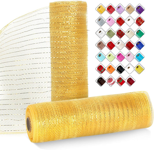 2 Rolls Mesh Ribbon for Wreaths 10 Inch x 30 Foot Wreath Mesh Rolls with Metallic Foil for Easter Christmas Party Wedding Home Decor DIY Craft Projects and Gift Wrapping(Gold)