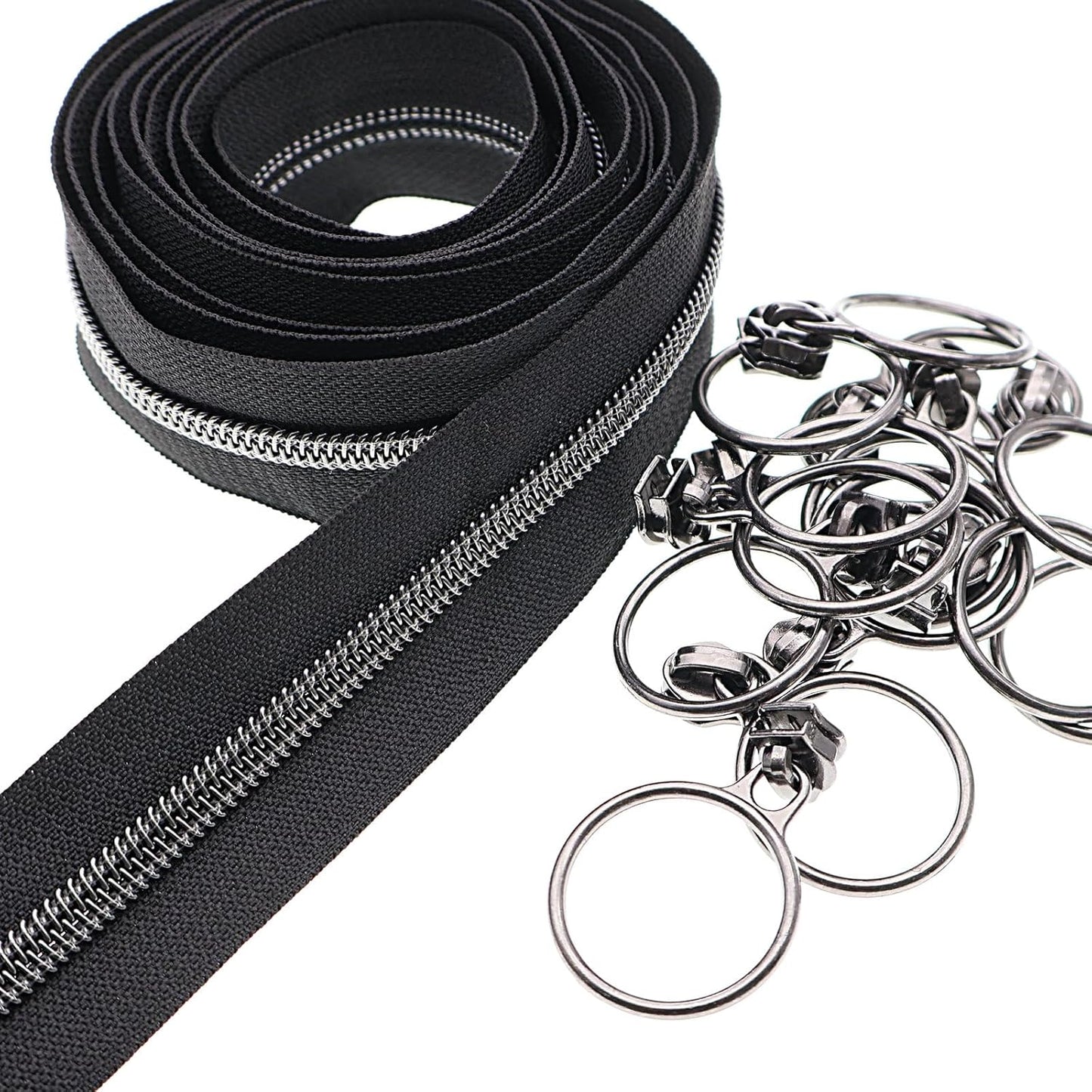 Leekayer #5 Black Nickel Metallic Nylon Coil Teeth Zippers by The Yard Bulk 10 Yards Black Zipper Tape with 25pcs Black Nickel Ring Pull Sliders for DIY Sewing Tailor Craft Bag(Black)