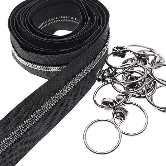 Leekayer #5 Black Nickel Metallic Nylon Coil Teeth Zippers by The Yard Bulk 10 Yards Black Zipper Tape with 25pcs Black Nickel Ring Pull Sliders for DIY Sewing Tailor Craft Bag(Black)