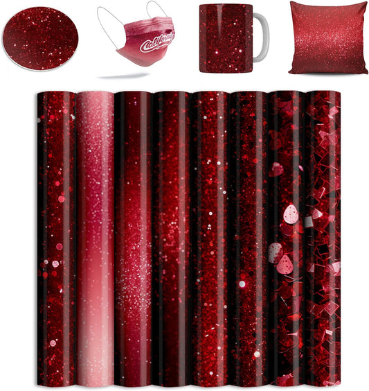 Red Sublimation Transfer Sheets for Heat Press Machine, 12x12inch Glitter Sublimation Paper for Tumblers Blanks Tshirts,8 Sheets