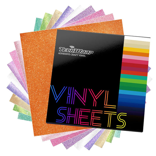 TECKWRAP Glitter Adhesive Vinyl, 12" x 12" 9 Glitter Colors with 1 High Tack Transfer Tape, Permanent Craft Vinyl for Scrap-Booking, Decals, DIY Projects, Home Decor, DIY Project Party Decoration