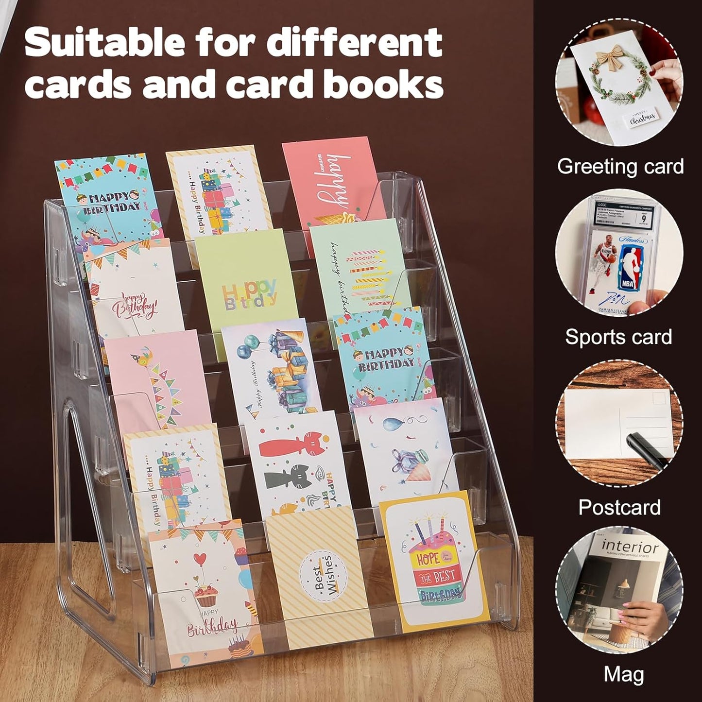 5 Tier Acrylic Card Display Stand(Tall Height), Clear Display Shelf Desktop for Trading Cards, Sports Cards, Greeting Card, Stickers & Brochures, Easy Clip-On Design