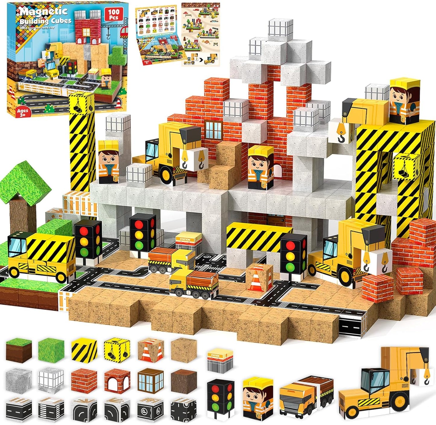 Magnetic Blocks - 100PCS Magnetic Building Blocks Magnet Cubes Stacking Construction Set, STEM Montessori Sensory Toys for Kids Boys Girls Ages 3-5 6-8 Holiday Easter Birthday Gifts