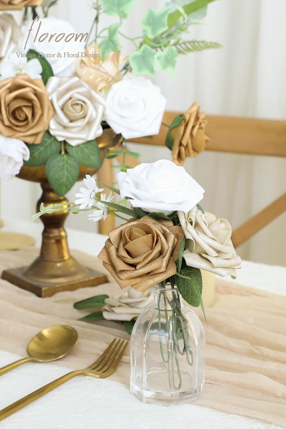 Floroom Artificial Flowers 25pcs Real Looking Gold & Champagne Gold Foam Fake Roses with Stems for DIY Wedding Bouquets Bridal Shower Centerpieces Floral Arrangements Party Tables Home Decorations