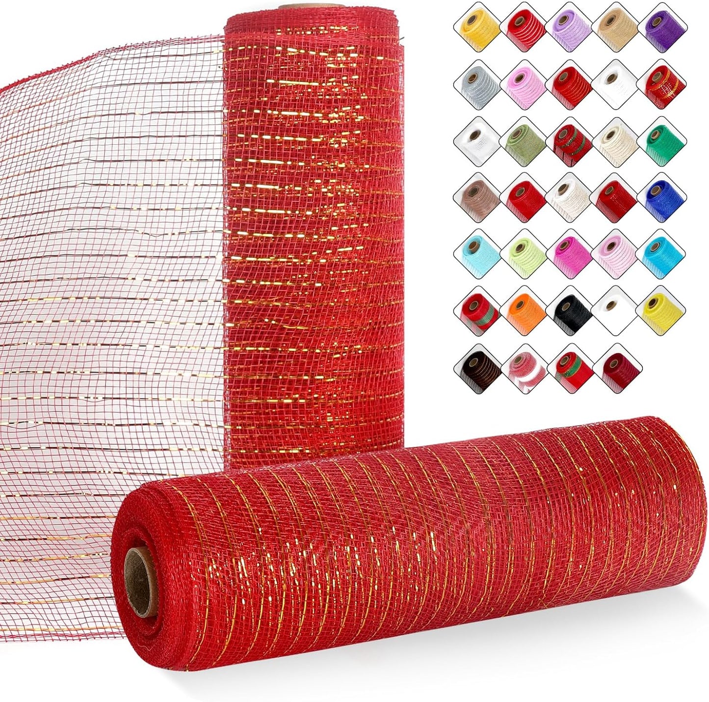 2 Rolls Mesh Ribbon for Wreaths 10 Inch x 30 Foot Wreath Mesh Rolls with Metallic Foil for Easter Christmas Party Wedding Home Decor DIY Craft Projects and Gift Wrapping(Red/Gold)