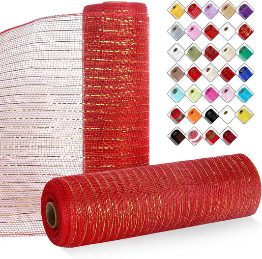 2 Rolls Mesh Ribbon for Wreaths 10 Inch x 30 Foot Wreath Mesh Rolls with Metallic Foil for Easter Christmas Party Wedding Home Decor DIY Craft Projects and Gift Wrapping(Red/Gold)