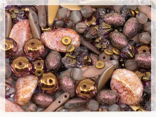 2.1oz (60 g) Mix of Unique Czech Bohemia Glass Pressed Beads, Matte and Glossy, Hand Made, Antique Copper Pink