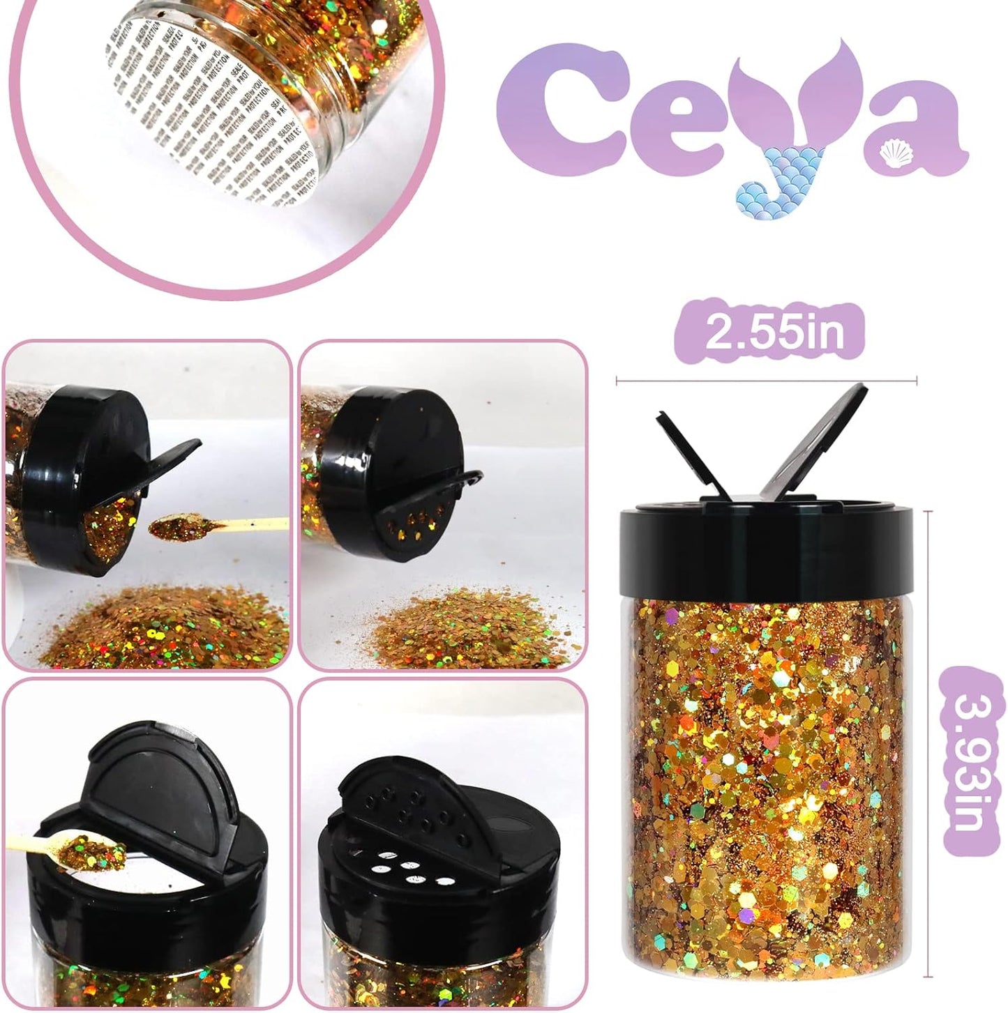 Ceya Holographic Chunky Glitter, 4.9oz/ 140g Gold Craft Glitter Powder Mixed Chunky & Fine Flakes Iridescent Nail Sequins for Nail Art, Hair, Epoxy Resin, Tumblers, Slime, Painting, Festival Decor