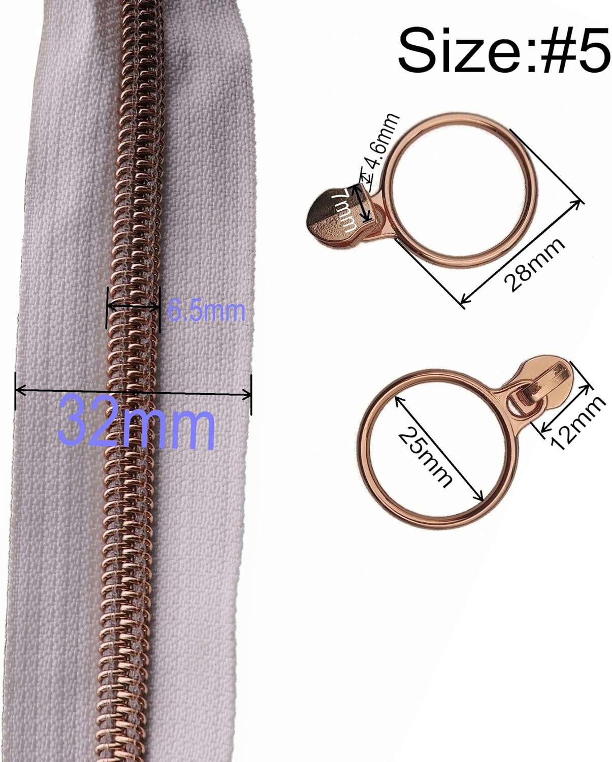 Leekayer #5 Rose Gold Metallic Teeth Nylon Coil Zippers by The Yard Bulk 10 Yards White Zipper Tape with 25pcs Rose Gold Ring Pull Sliders for DIY Sewing Tailor Craft Bag(White)