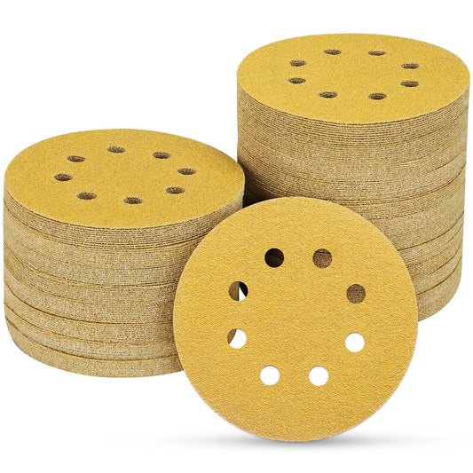 100PCS 5 Inch 8 Hole Sanding Discs 100 Grit,Gold Round Hook and Loop Sandpaper for Random Orbital Sander