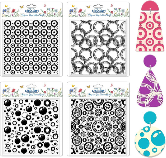 CHGCRAFT 4 Pcs Looped Circles Polymer Clay Texture Sheets Artistic Dots Silicone Texture Stamp Circular Style Modeling Pattern Pad Sheets for Jewelry and Earrings Tools, 5.5x5.5 inch