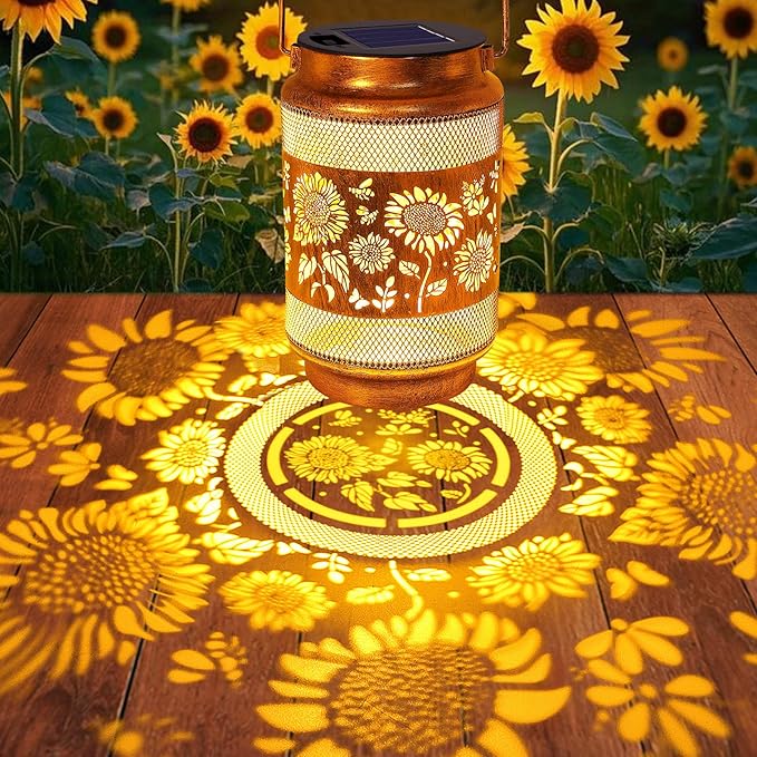 2 Pack Sunflower Solar Lanterns Outdoor Waterproof Solar Garden Decor, Birthday Gifts for Christmas Women Mom Grandma, Metal Hanging Lights with Shepherd Hook for Outside Yard Patio Pathway Backyard