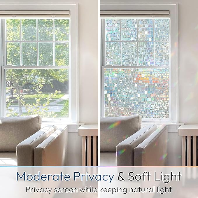 rabbitgoo Window Privacy Film Rainbow Window Film, Mosaic Decorative Stained Glass Cling, Removable Static Cling Tint UV Blocking, Non-Adhesive Privacy Covering, 35.4 x 118.1 inches