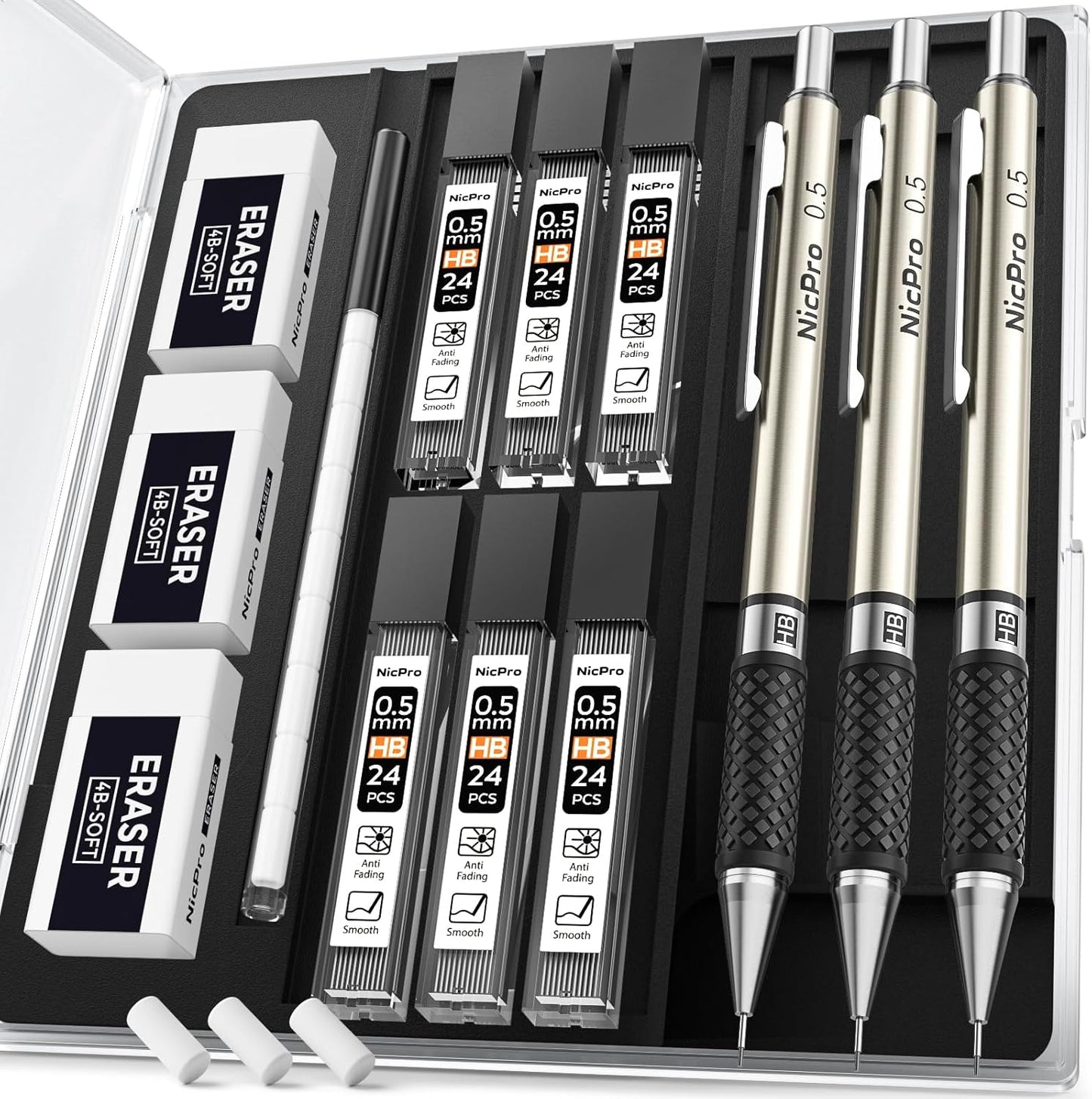 Nicpro 0.7 mm Art Mechanical Pencil Set in Storage Case, 3 PCS Metal Drafting Pencil Lead Pencil with 6 Tube HB Lead Refills, 3 Erasers, 9 PCS Eraser Refills for Artist Writing, Drawing, Sketching