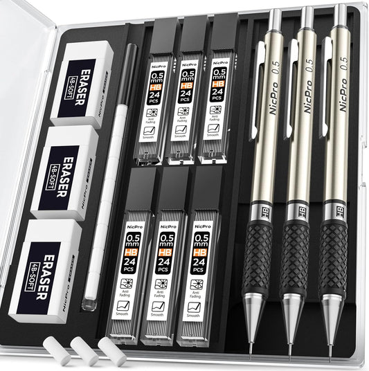 Nicpro 0.7 mm Art Mechanical Pencil Set in Storage Case, 3 PCS Metal Drafting Pencil Lead Pencil with 6 Tube HB Lead Refills, 3 Erasers, 9 PCS Eraser Refills for Artist Writing, Drawing, Sketching