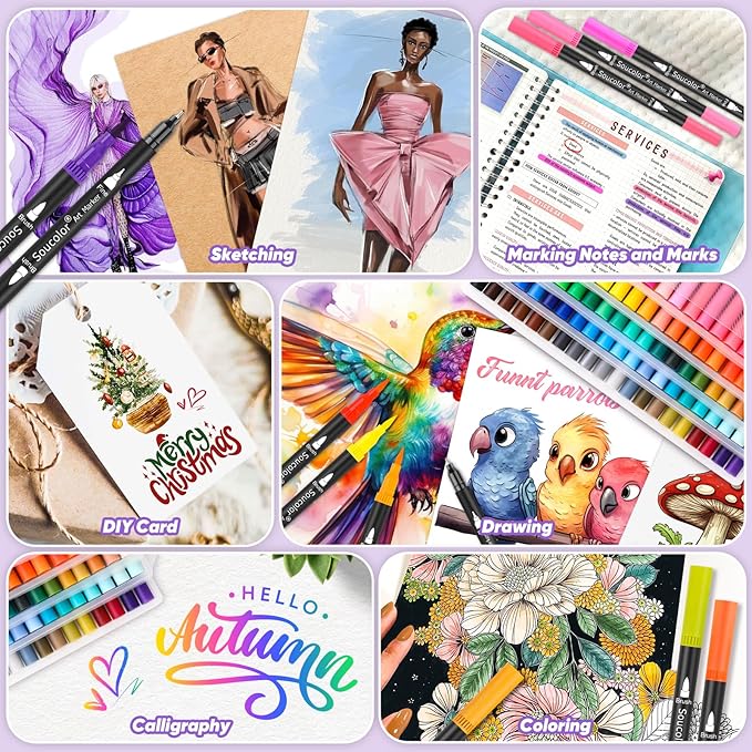 Soucolor Gifts for Women, Gift Baskets for Women Adult, 150 Colors Dual Tip Brush Markers for DIY Journal Kit Coloring Drawing Sketching, Gifts Sets Box