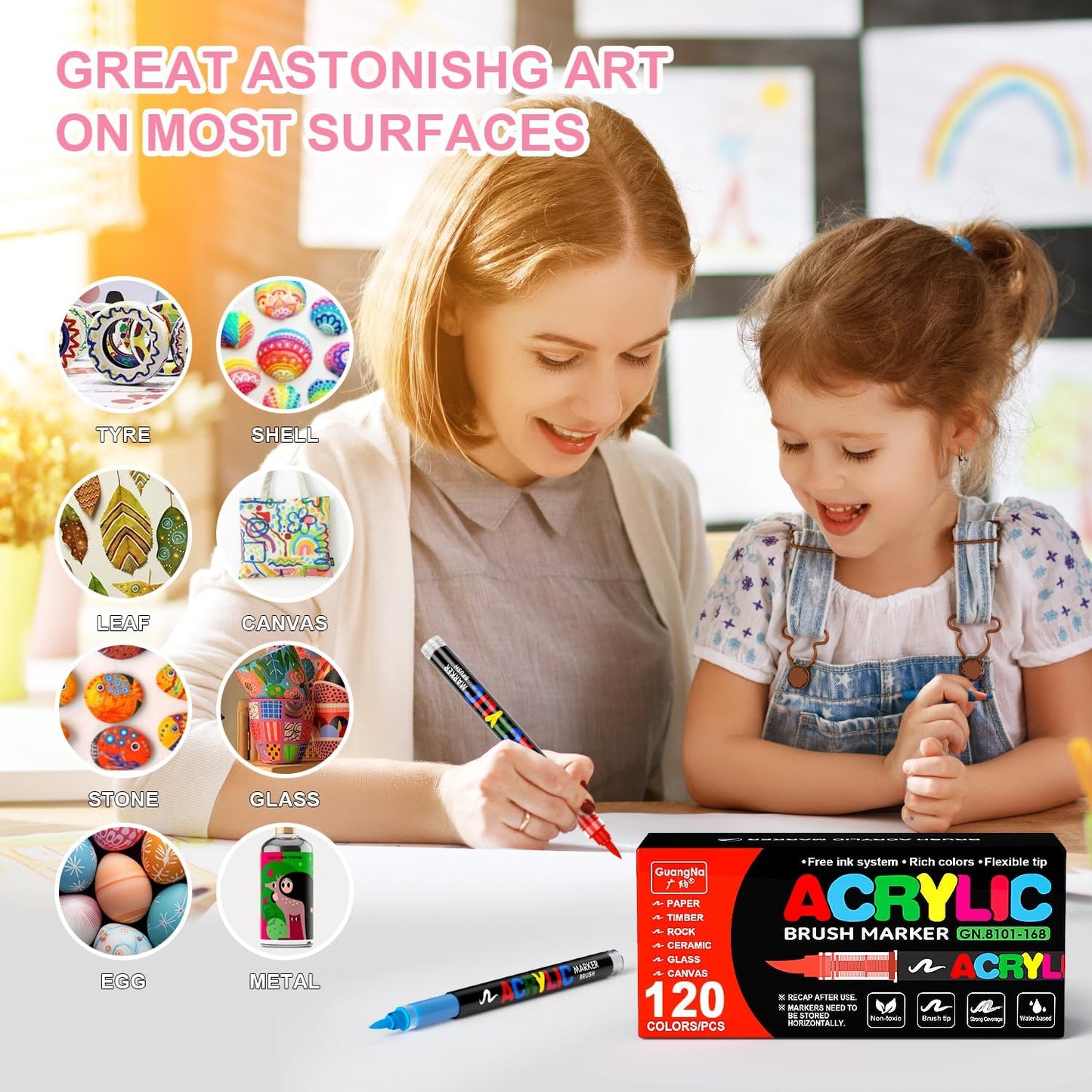 DICEKOO 120 Colors Acrylic Paint Markers, Soft Brush Tip Pens with Automatic Ink Control System, Waterproof, Quick-Drying, Lightfast, for Rock Painting, Canvas, Wood, Egg & DIY Crafts Art Supplies