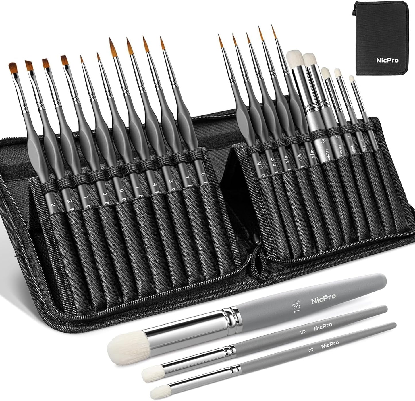 Nicpro Miniature Paint Brushes Dry Brush - 20PCS Model Paint Brush Set with Nylon Case for Acrylic, Oil, Watercolor, Detail Paint Brush Drybrush for Model, Miniature Painting, Paint by Numbers, Craft