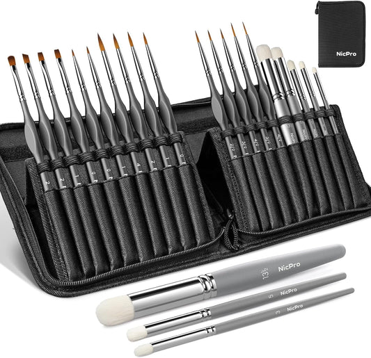 Nicpro Miniature Paint Brushes Dry Brush - 20PCS Model Paint Brush Set with Nylon Case for Acrylic, Oil, Watercolor, Detail Paint Brush Drybrush for Model, Miniature Painting, Paint by Numbers, Craft