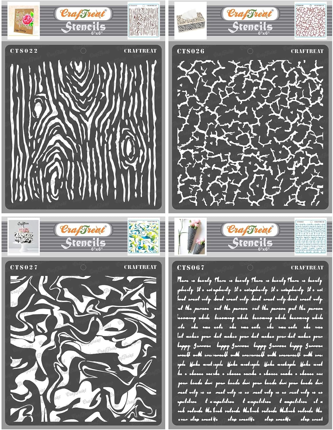 CrafTreat Reusable Pattern Stencils for Painting on Wood, Canvas, Paper, Fabric, Floor, Wall and Tile - Woodgrain, Crackle, Marble and Script - 4 Pcs - 6x6 Inches Each - DIY Art and Craft Stencils