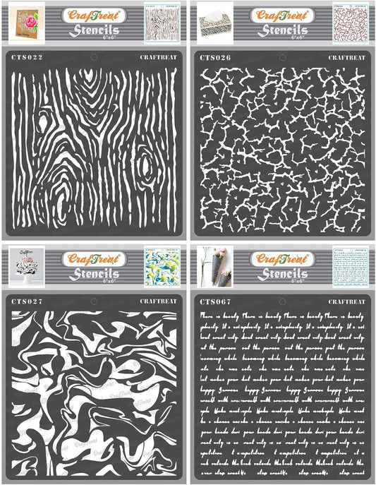 CrafTreat Reusable Pattern Stencils for Painting on Wood, Canvas, Paper, Fabric, Floor, Wall and Tile - Woodgrain, Crackle, Marble and Script - 4 Pcs - 6x6 Inches Each - DIY Art and Craft Stencils