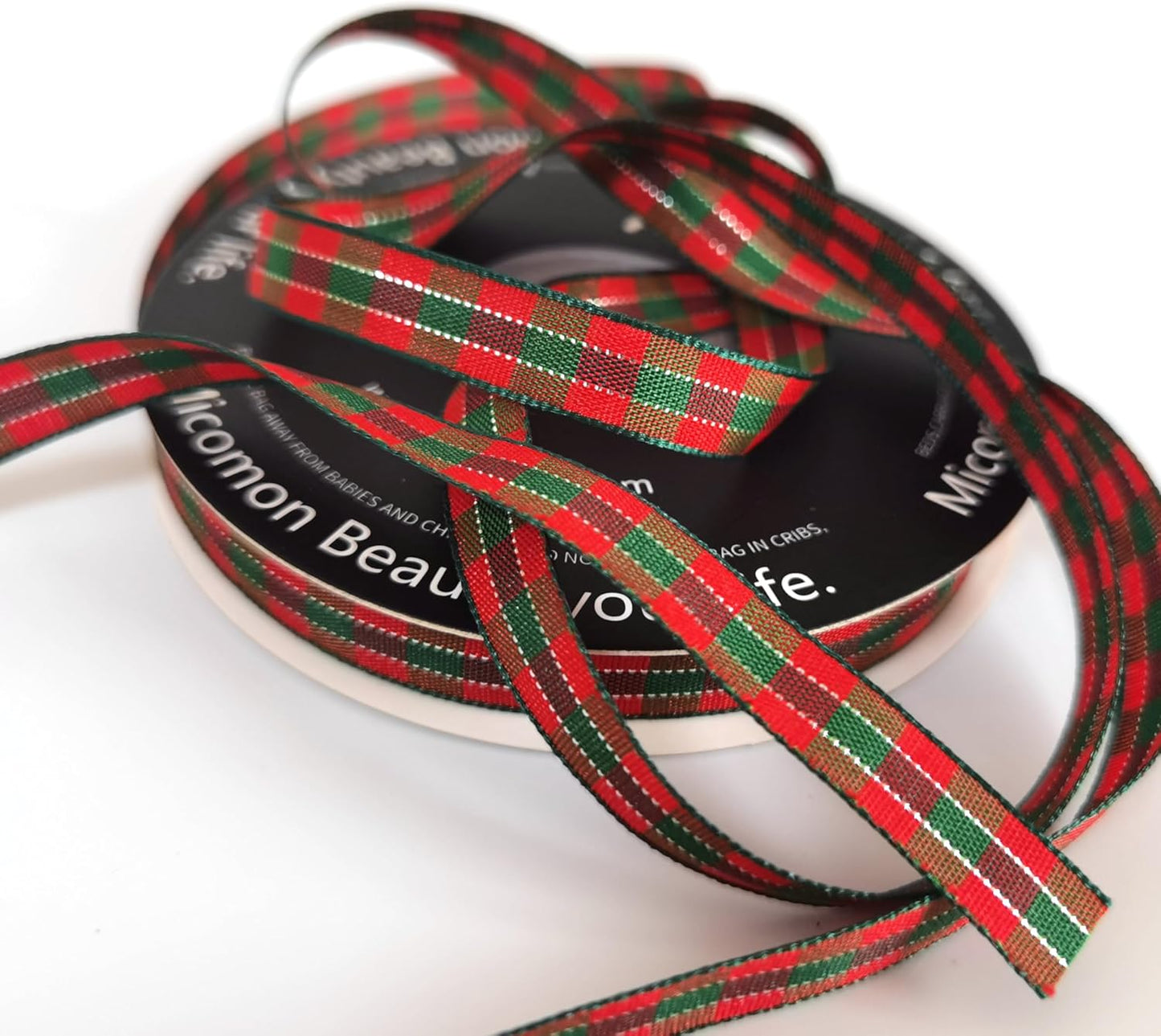Micomon X'Mas Gingham Ribbon Green Red Metallic Gingham Ribbon 25 Yards Each Roll 100% Polyester (3/8",RedGreenGold)