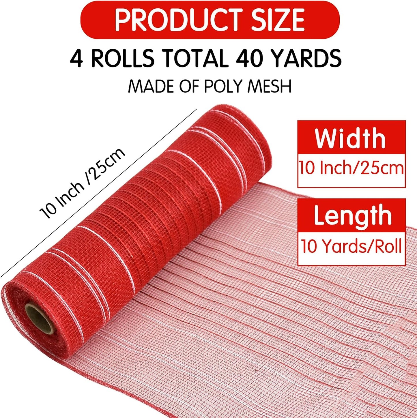 TONIFUL 4 Rolls 10 Inch Red and White Decorative Mesh Ribbbon Rolls, for Wreath Supplies Front Door Craft Tree Decor Christmas NewYears Valentine's Day Halloween Decoration (30ft/roll, 120ft/Set)