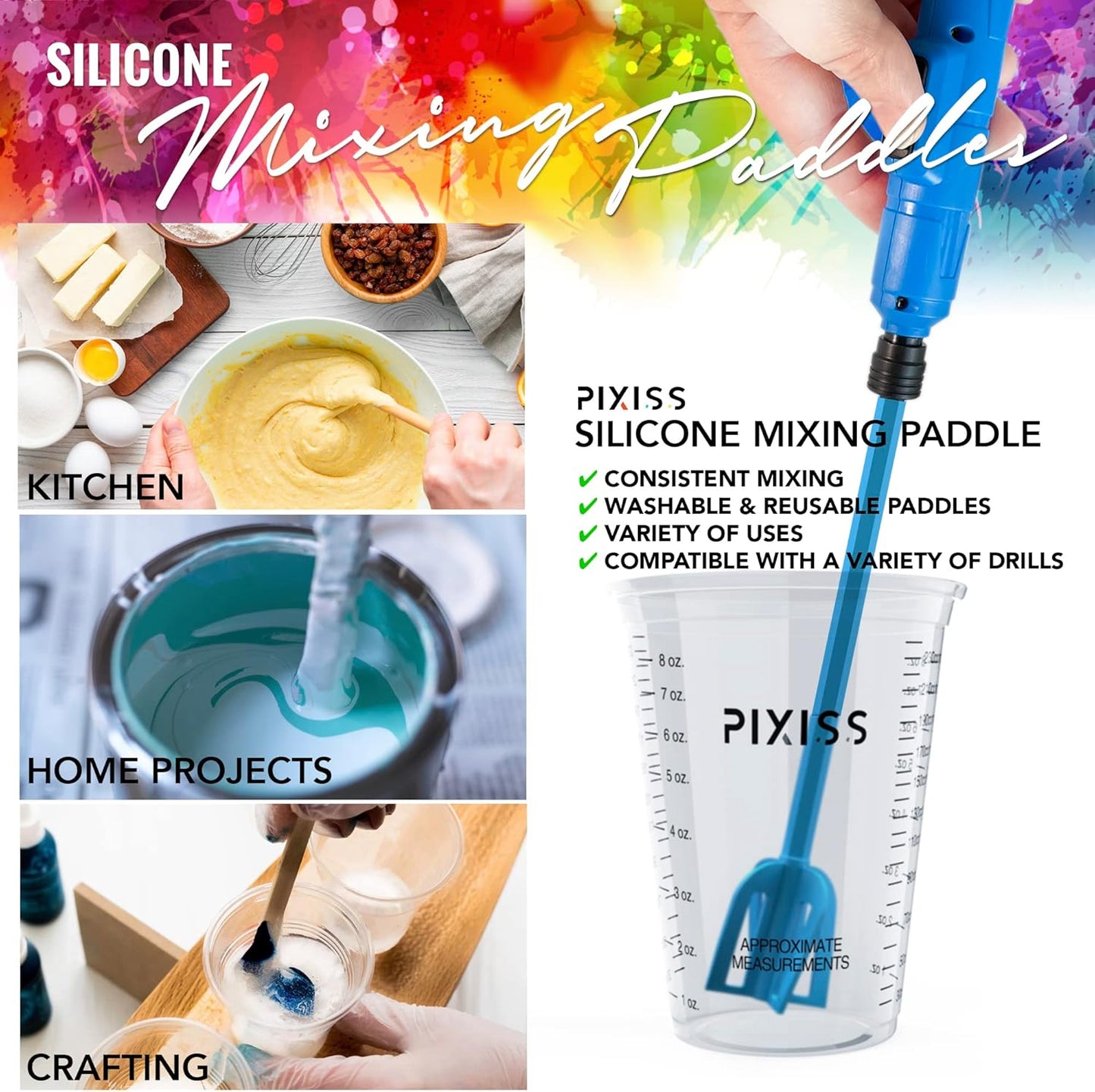 Epoxy Resin Mixer Silicone Paddles - 12 Reusable Pixiss Multipurpose Bidirectional Paint Stirrer for Drill Epoxy & Paint Mixer Drill Attachment - Paint Stirrers Epoxy Stirrer - Paint Mixer for Drill