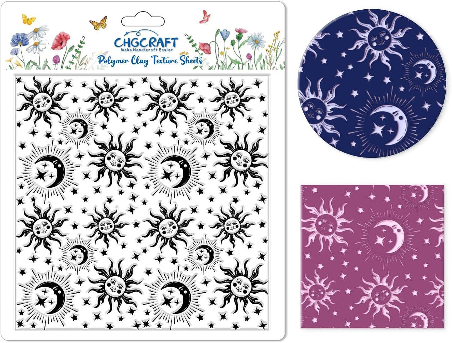 CHGCRAFT Sun Moon Stars Polymer Clay Texture Sheets Silicone Texture Stamp Clay Texture Mat Modeling Pattern Pad Texture Sheets for Jewelry and Clay Earrings Tools, 5.5x5.5 inch