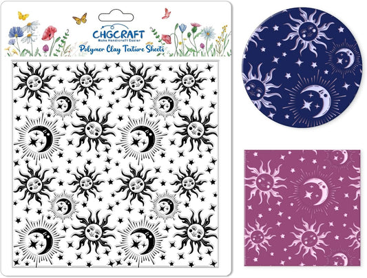 CHGCRAFT Sun Moon Stars Polymer Clay Texture Sheets Silicone Texture Stamp Clay Texture Mat Modeling Pattern Pad Texture Sheets for Jewelry and Clay Earrings Tools, 5.5x5.5 inch