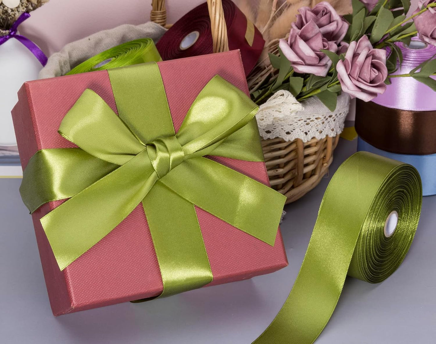 1 1/2 Inch Moss Green Solid Satin Ribbon, 50 Yards Craft Fabric Ribbon for Gift Wrapping Floral Bouquets Wedding Party Decoration