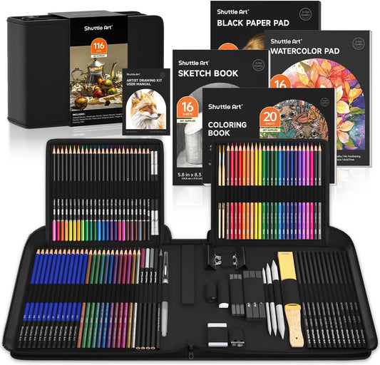 Shuttle Art 116 PCS Drawing Kit, Professional Drawing Supplies with Sketch, Charcoal, Colored, Graphite, Pastel Pencils & Sticks, Complete Drawing Tools and Paper Pads in Zipper Case for Artists&Kids