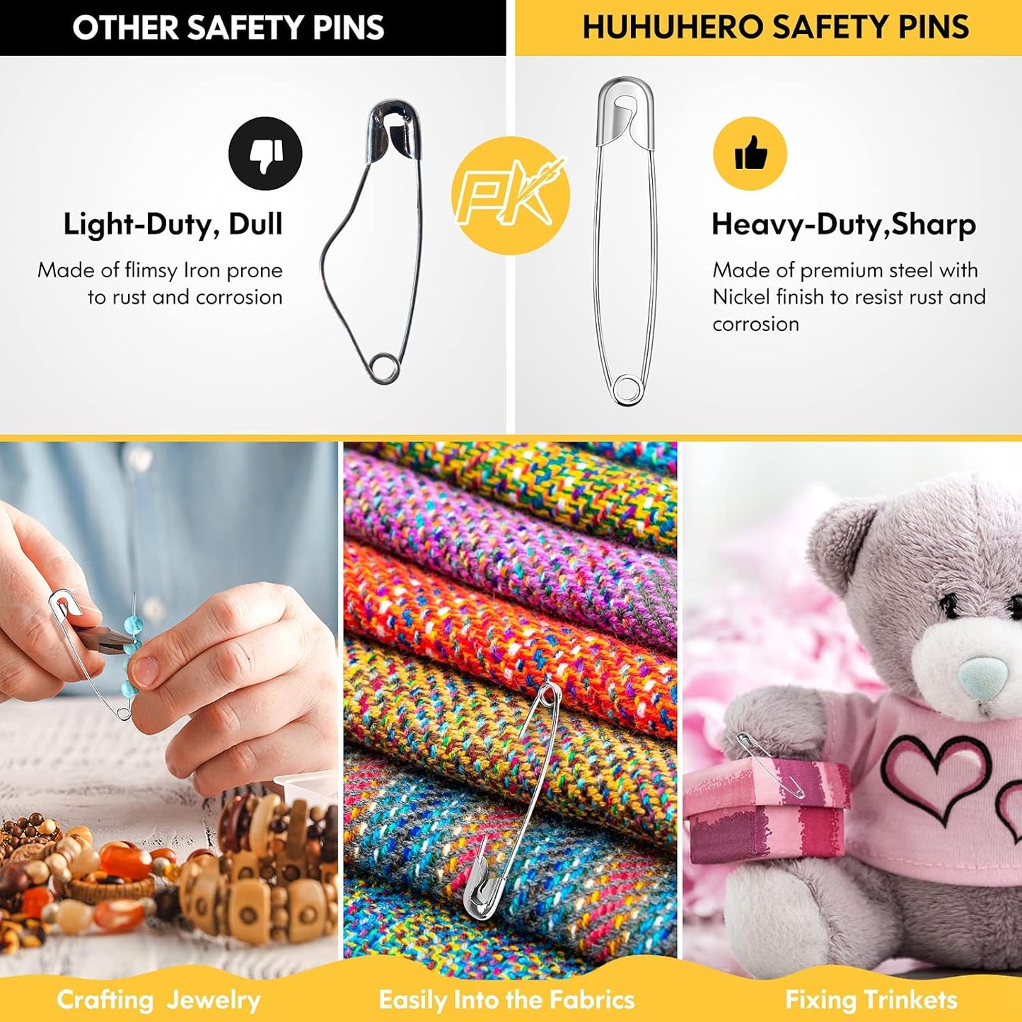 Huhuhero 150Pcs Safety Pins, Large & Small Safety Pins for Clothes Sewing Craft, Nickel Plated Steel Assorted Size Pins Bulk, Art and Craft Supplies (Sliver)