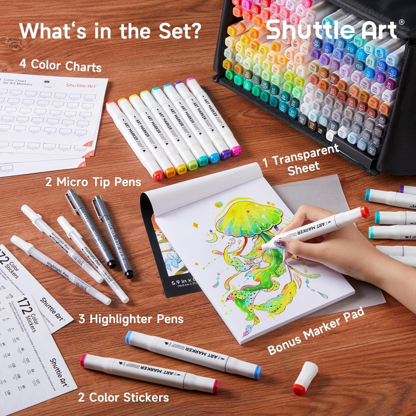 Shuttle Art 172 Colors Dual Tip Alcohol Based Art Markers,171 Colors plus 1 Blender Permanent Marker 1 Marker Pad with Case Perfect for Kids Adult Coloring Books Sketching and Card Making