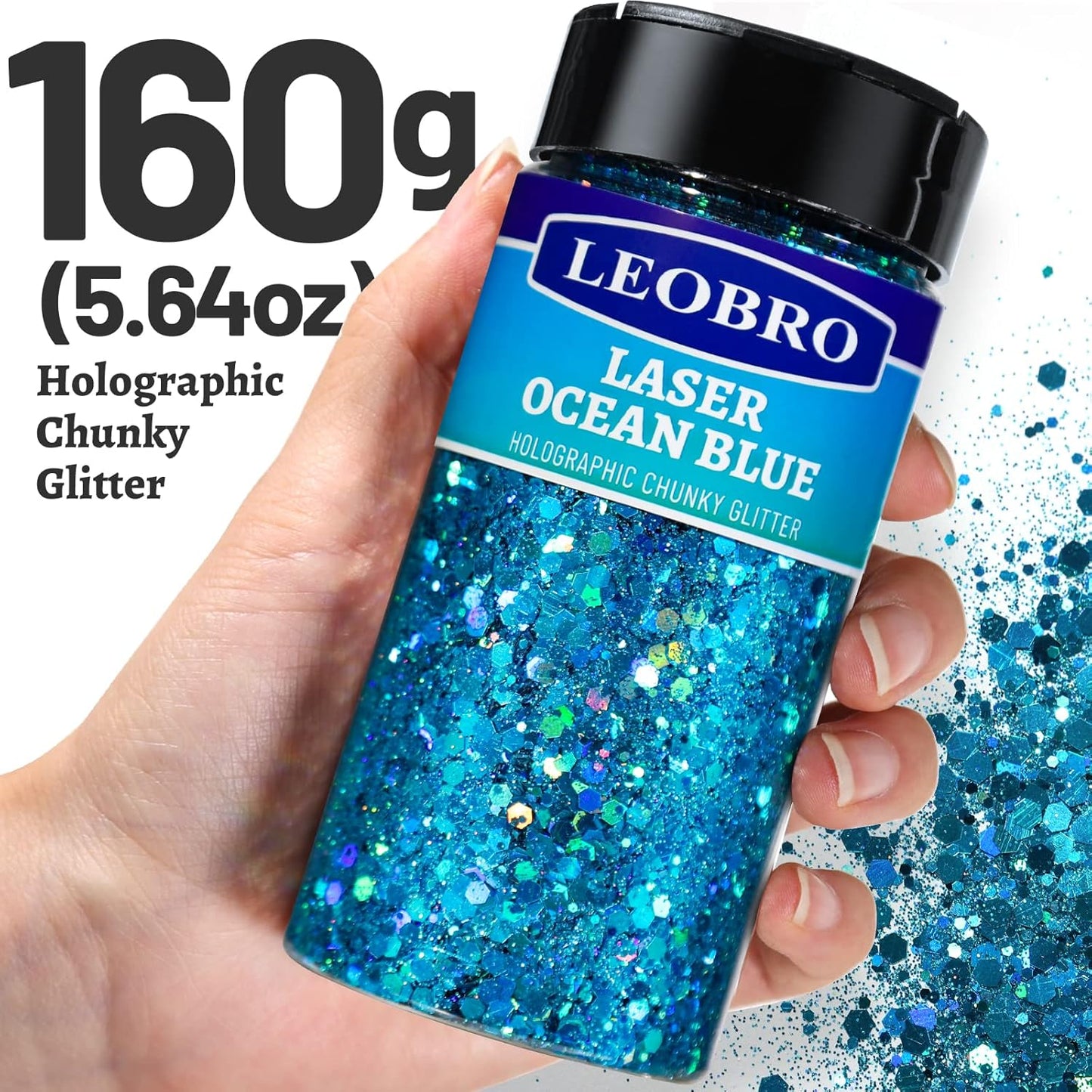 LEOBRO Blue Glitter, 160G/5.64OZ Holographic Chunky Glitter for Crafts, Resin, Body Nail, DIY Decorations, Light Blue
