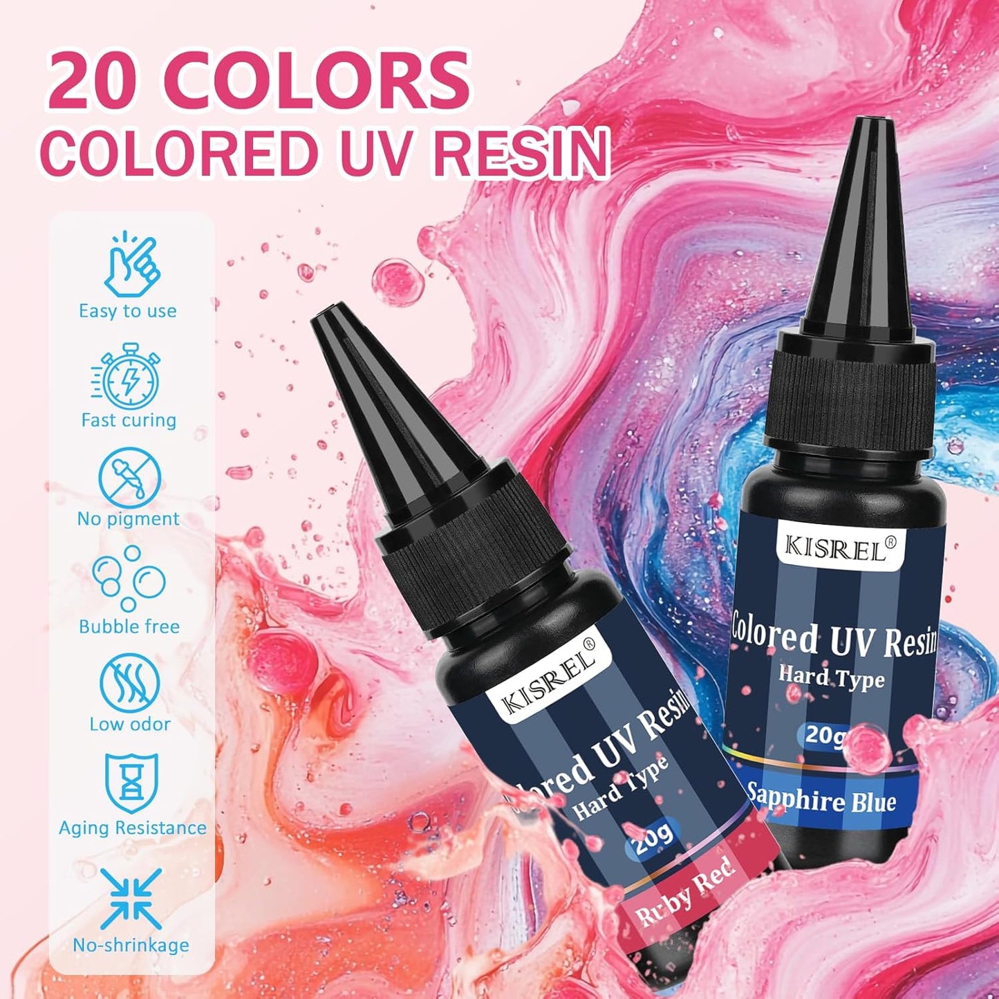 KISREL UV Resin, 20 Colors - 400g UV Resins Kit, Transparent Colored Resins, Rigid Ultraviolet Clear Resin for Crafts, Jewelry Making and Decoration