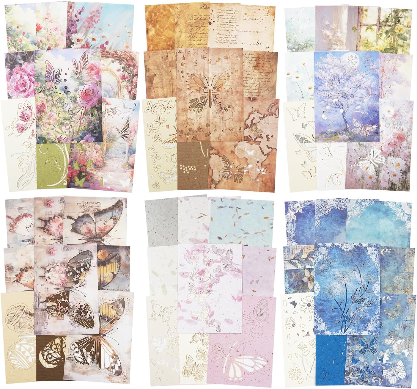 Vintage Butterfly-Themed Scrapbook Paper Set, 144 PCS Including Hollow-Out and Decorative Paper for Junk Journaling, Scrapbooking, DIY Crafts, and Art Supplies